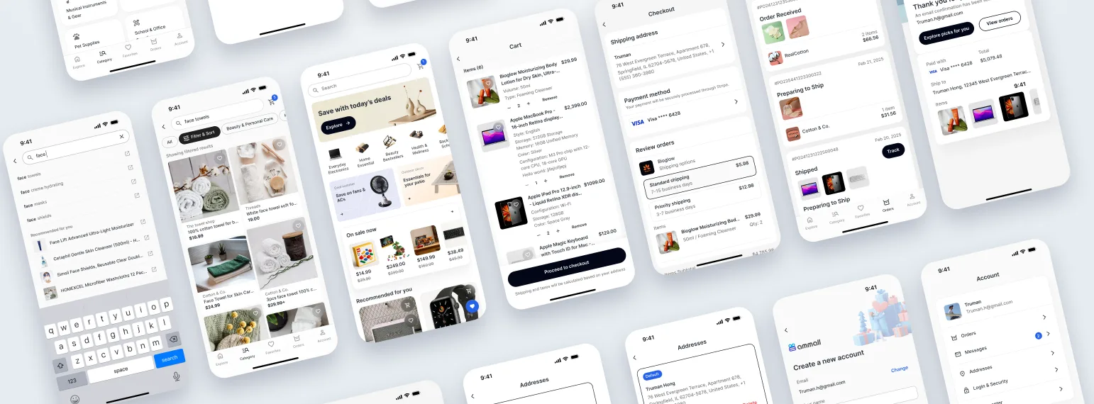 AmMall mobile app screens — cart, checkout, search, category browse, and account flows