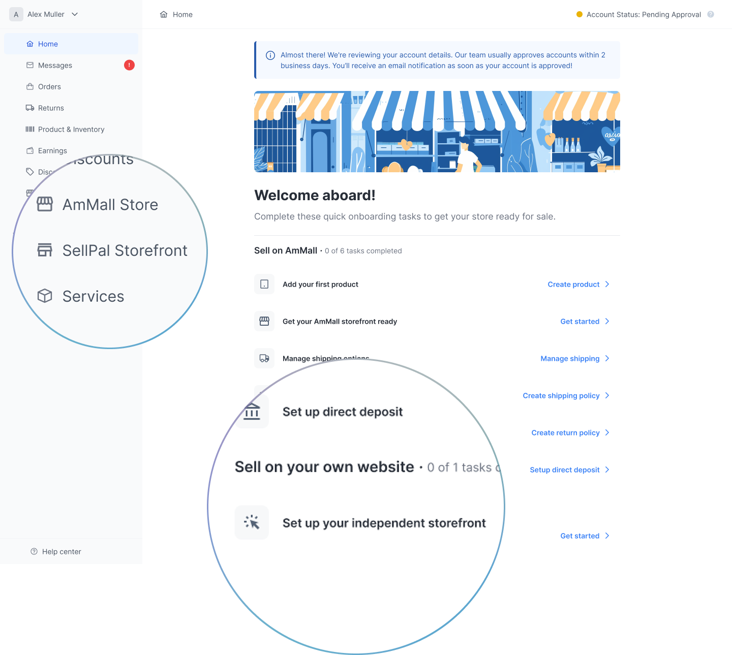 Seller Center sidebar and onboarding checklist showing SellPal Storefront as a peer nav item and a single-task 'Sell on your own website' section