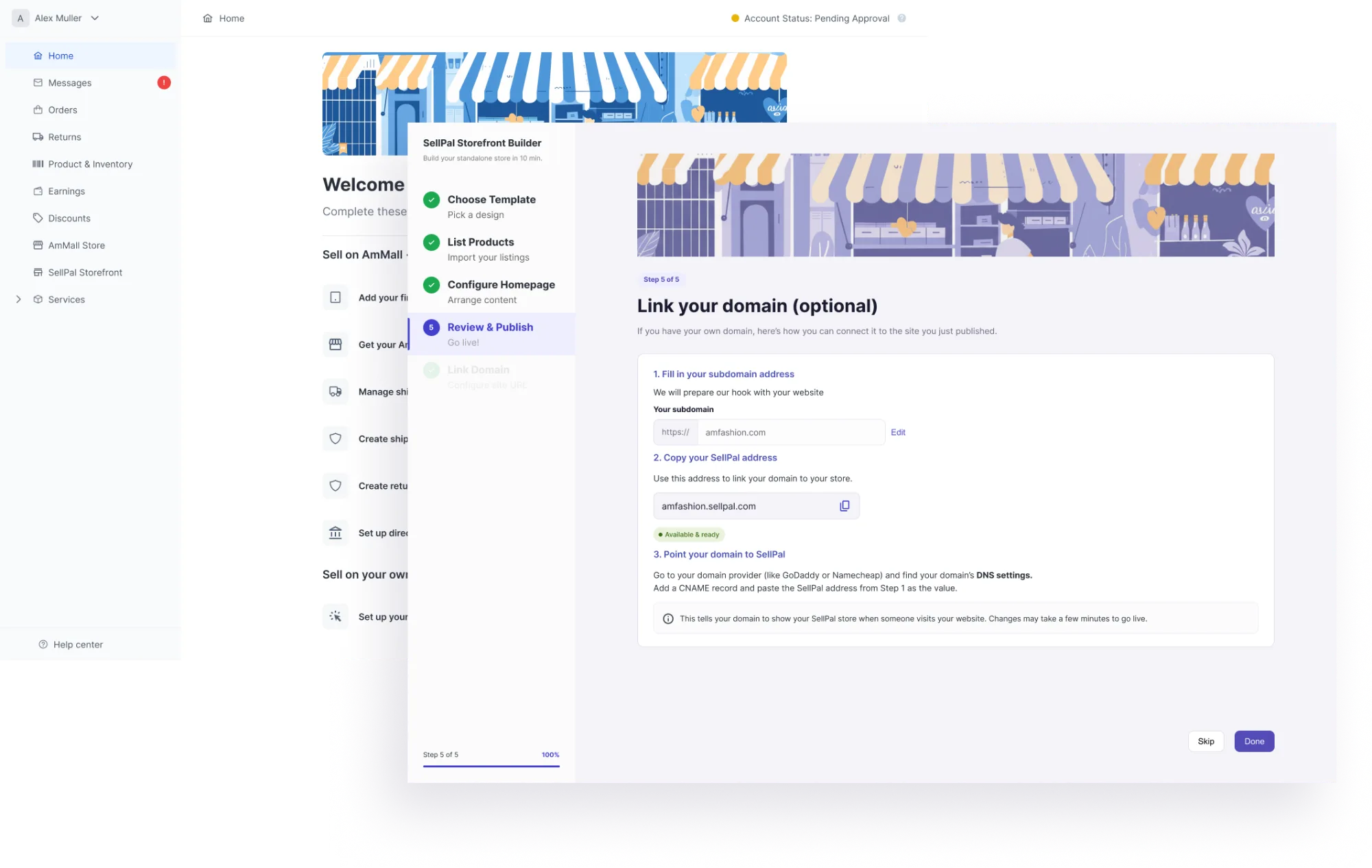 Domain linking step showing the SellPal builder progress rail and step-by-step domain setup instructions