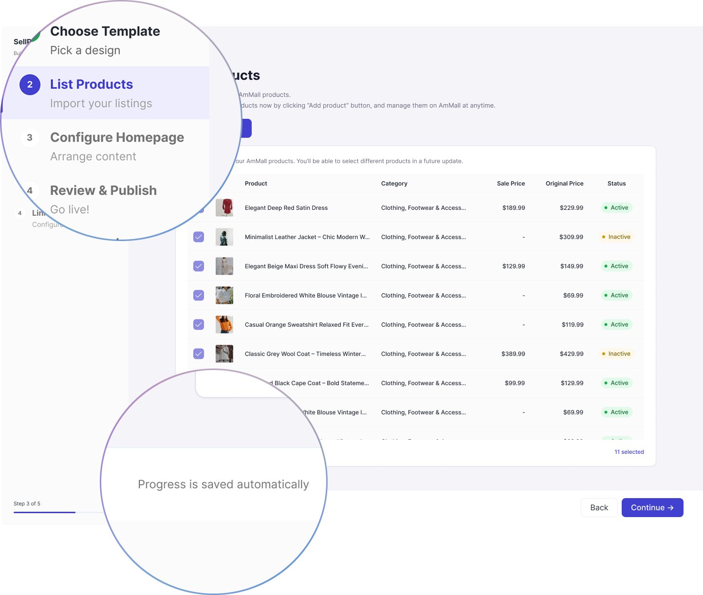 List Products step with the five-step rail and a persistent 'Progress is saved automatically' message