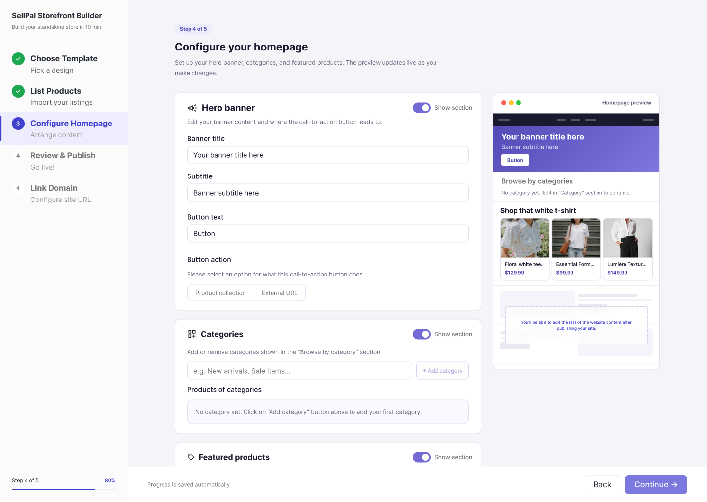 Configure homepage step with a live homepage preview panel updating as form fields are edited