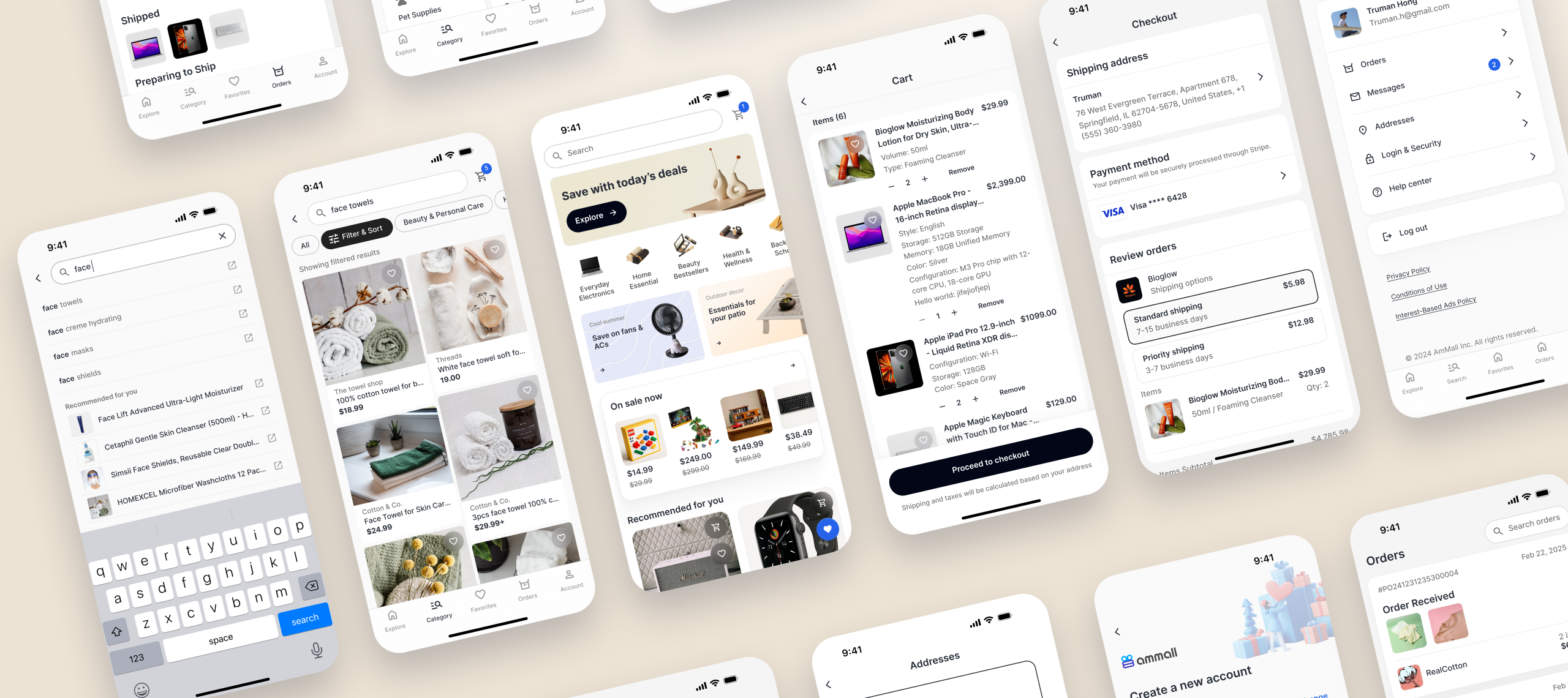 AmMall mobile app screens — cart, checkout, search, category browse, and account flows
