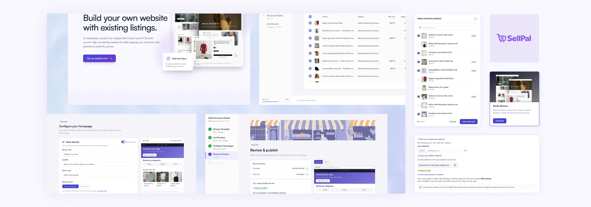 SellPal storefront builder — landing page, builder steps, and product picker