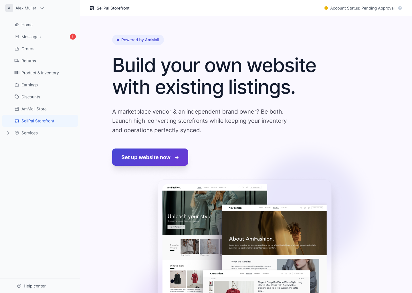 SellPal landing page hero: 'Build your own website with existing listings,' with a Set up website now button and a live preview of a generated storefront