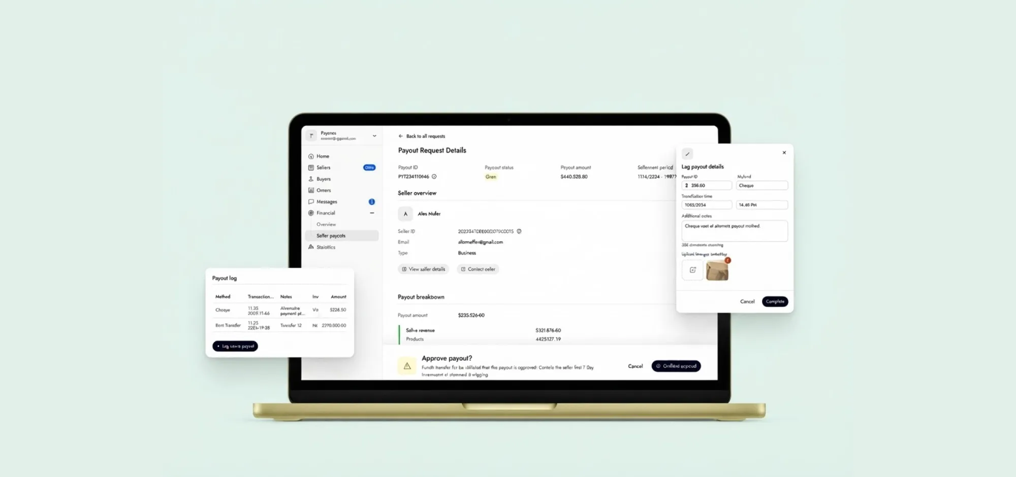AmMall Payout interface — payout request details, log payout modal, and payout log