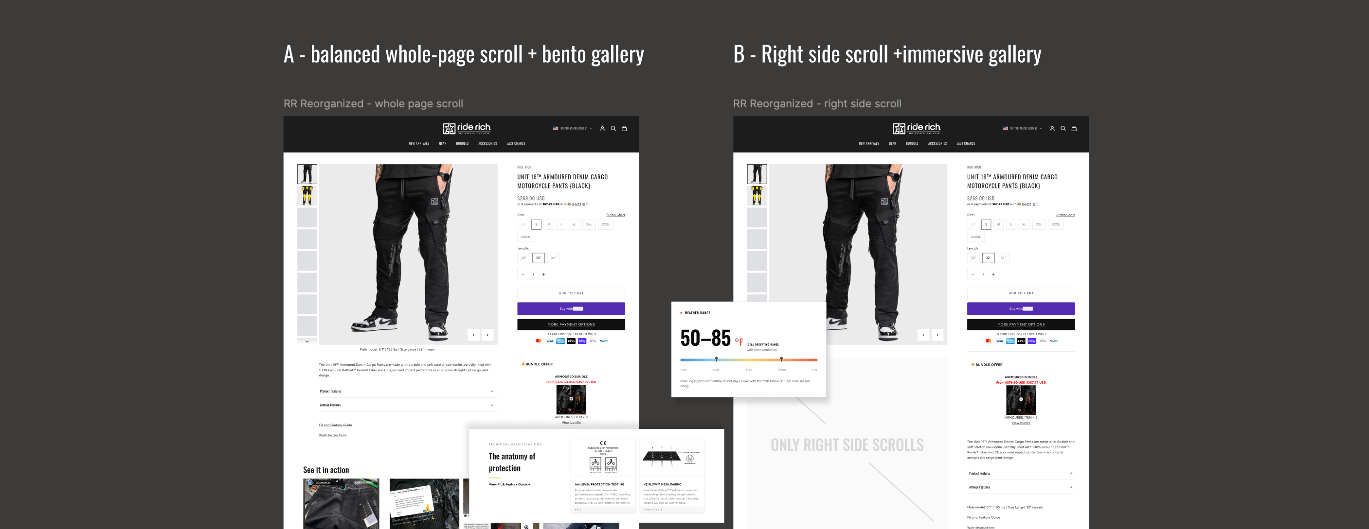 Ride Rich PDP redesign — layout options A and B, plus mobile