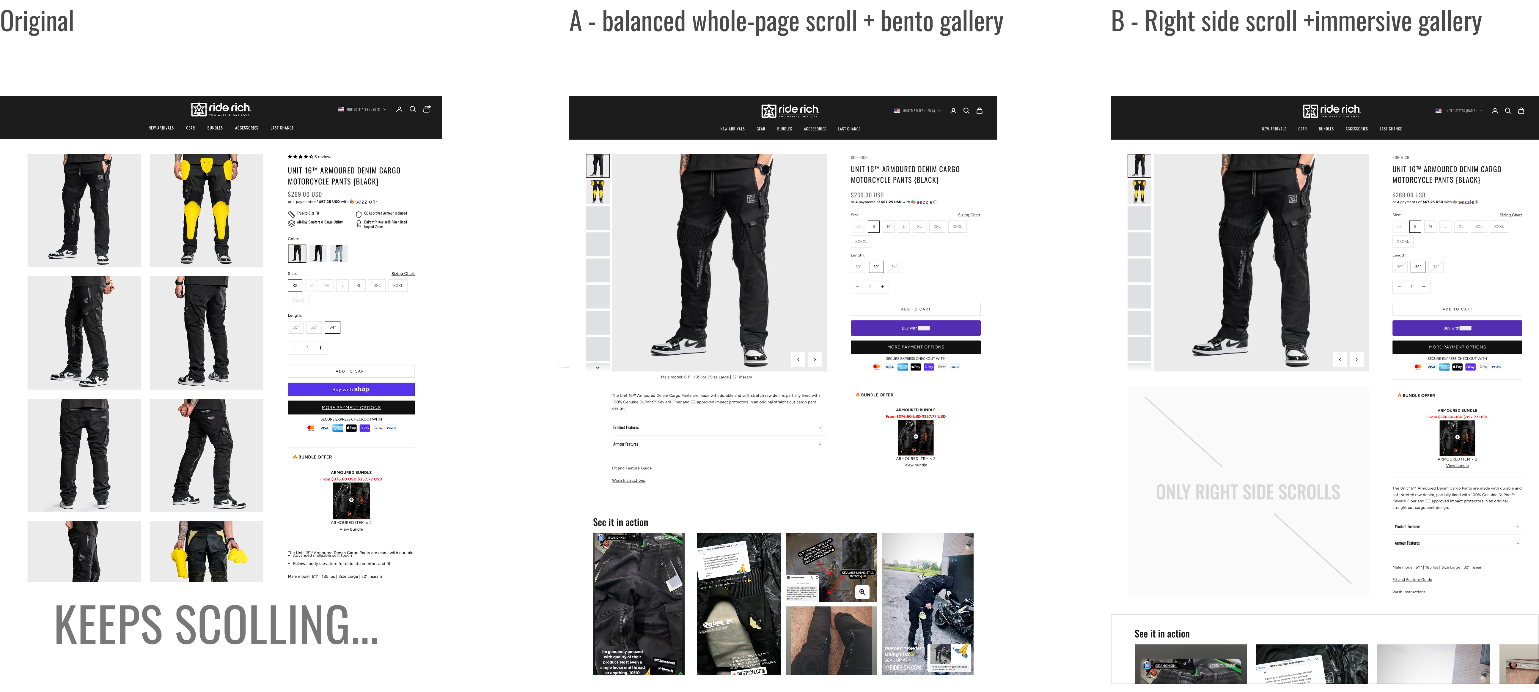 Solution 01 — layout comparison: original vs A (whole-page scroll) vs B (right side scroll)