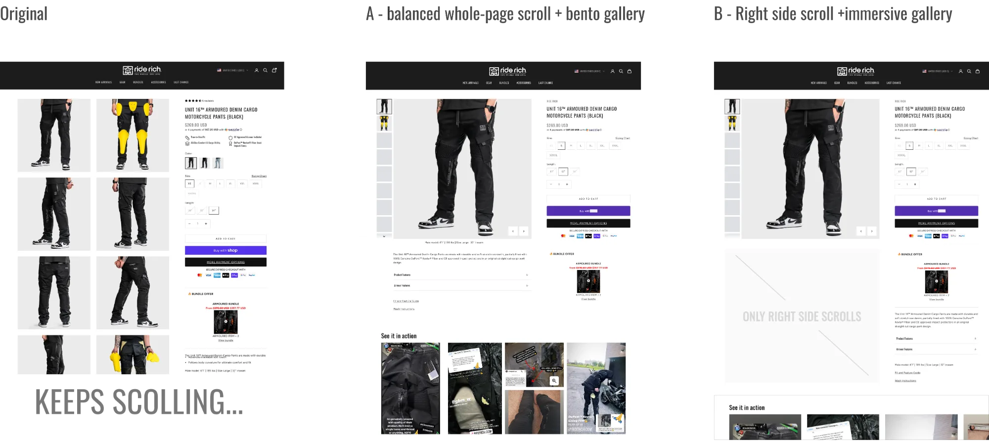 Solution 01 — layout comparison: original vs A (whole-page scroll) vs B (right side scroll)