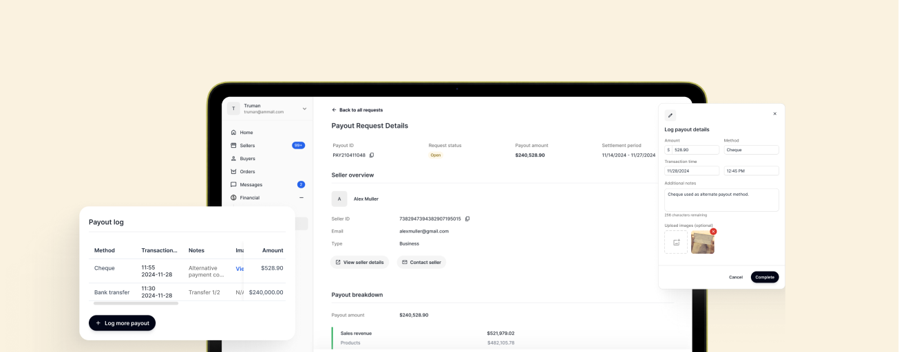 AmMall Payout interface — payout request details, log payout modal, and payout log