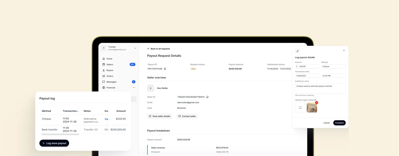 AmMall Payout interface — payout request details, log payout modal, and payout log