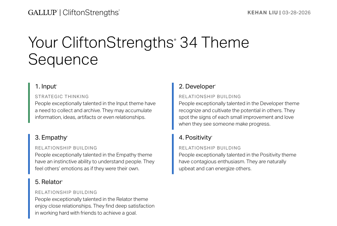My top five CliftonStrengths themes: Input, Developer, Empathy, Positivity, Relator