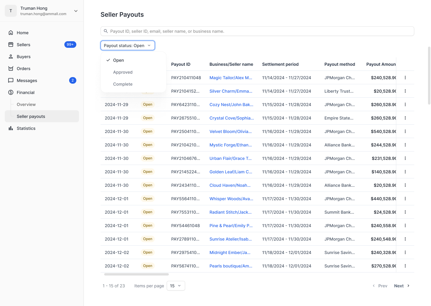 Seller Payouts filter panel — Stage 01